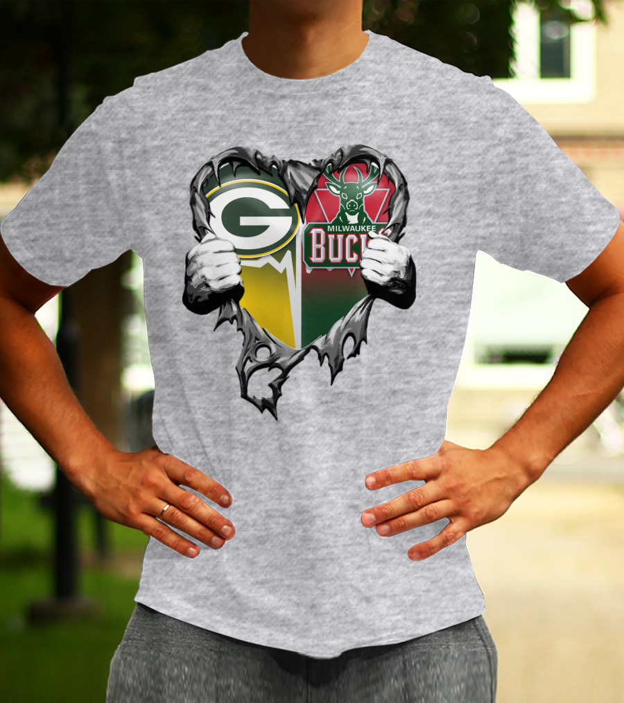 Green Bay Packers Milwaukee Bucks Heart T-Shirt