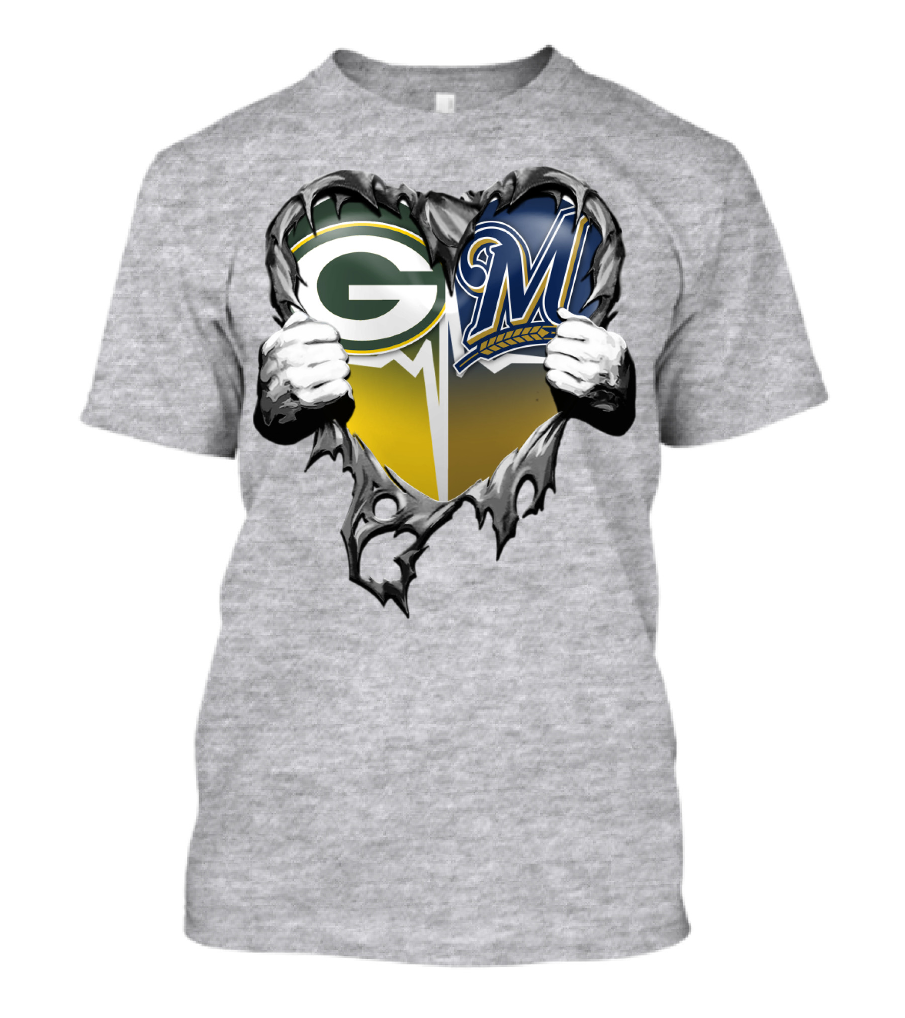 Green Bay Packers Milwaukee Brewers Heart Tear T-Shirt