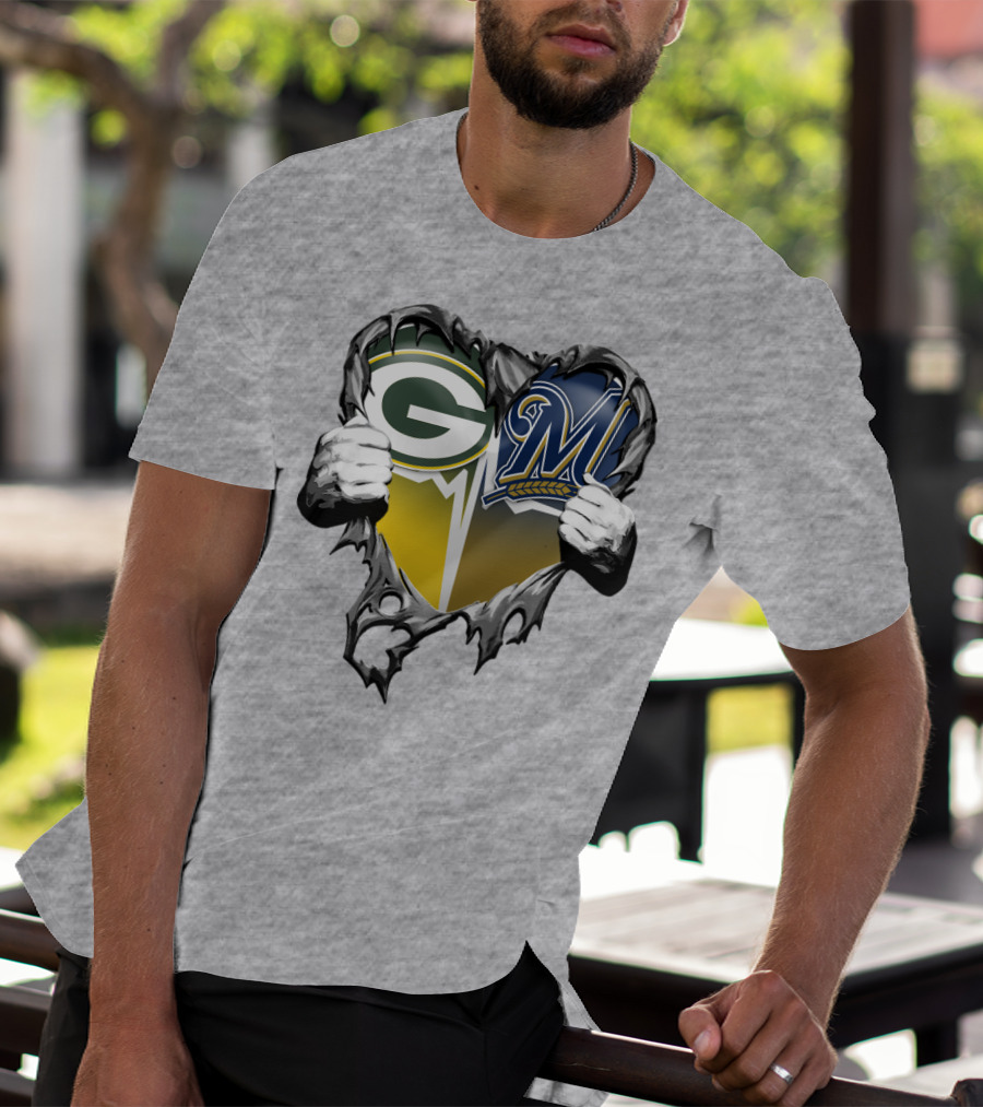 Green Bay Packers Milwaukee Brewers Heart Tear T-Shirt