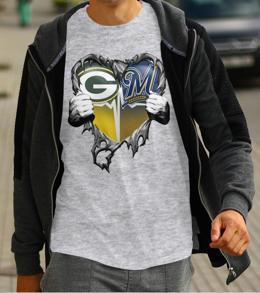 Green Bay Packers Milwaukee Brewers Heart Tear T-Shirt