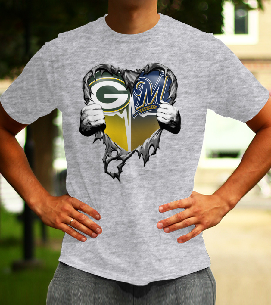 Green Bay Packers Milwaukee Brewers Heart Tear T-Shirt