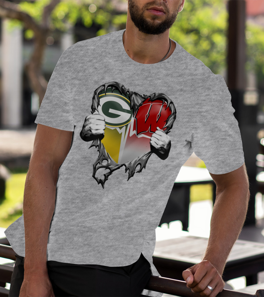 Green Bay Packers And Wisconsin Badgers Rip Heart T-Shirt