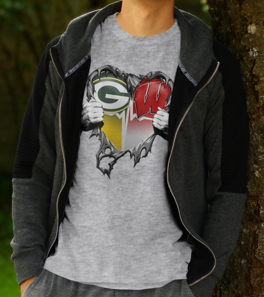 Green Bay Packers And Wisconsin Badgers Rip Heart T-Shirt