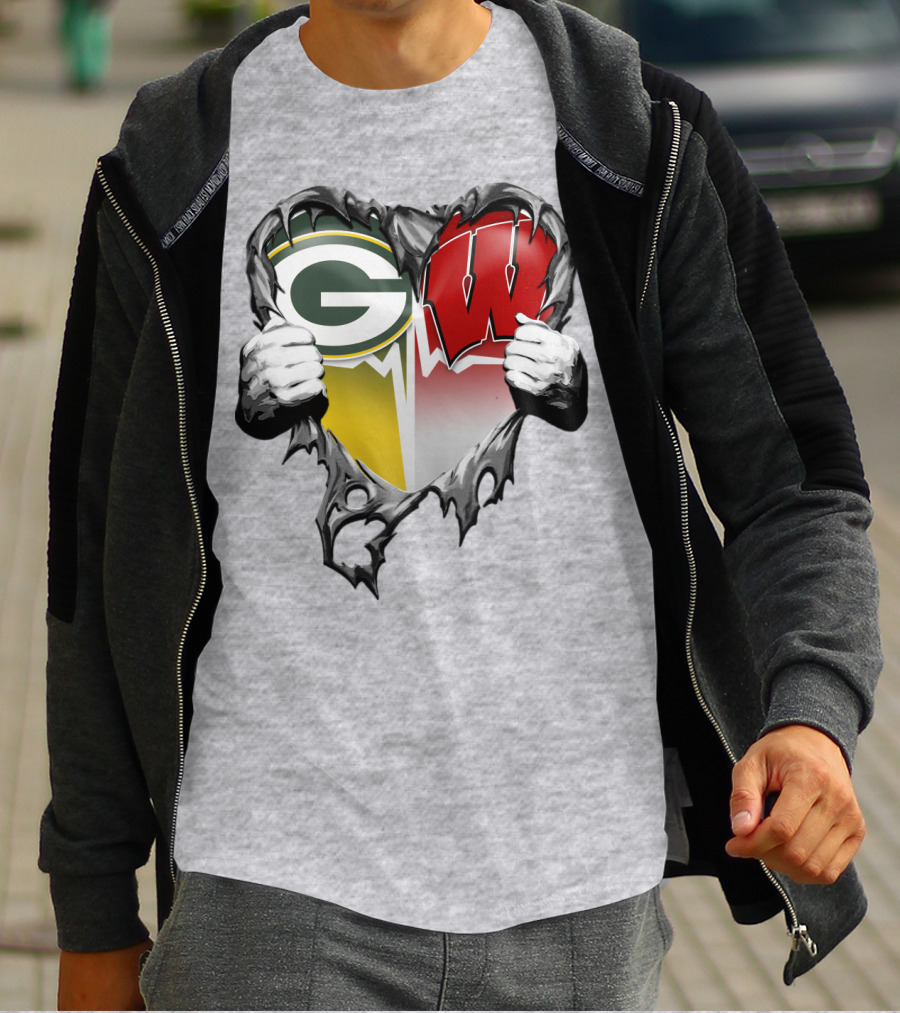 Green Bay Packers And Wisconsin Badgers Rip Heart T-Shirt