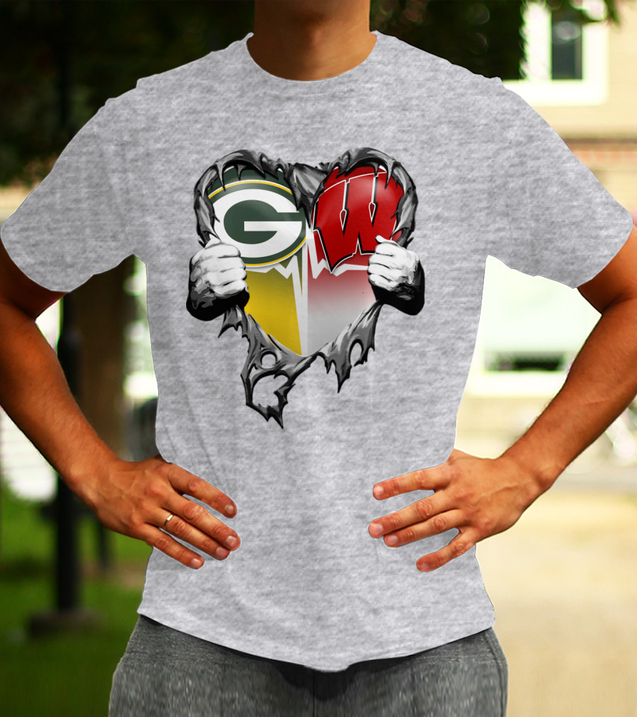 Green Bay Packers And Wisconsin Badgers Rip Heart T-Shirt