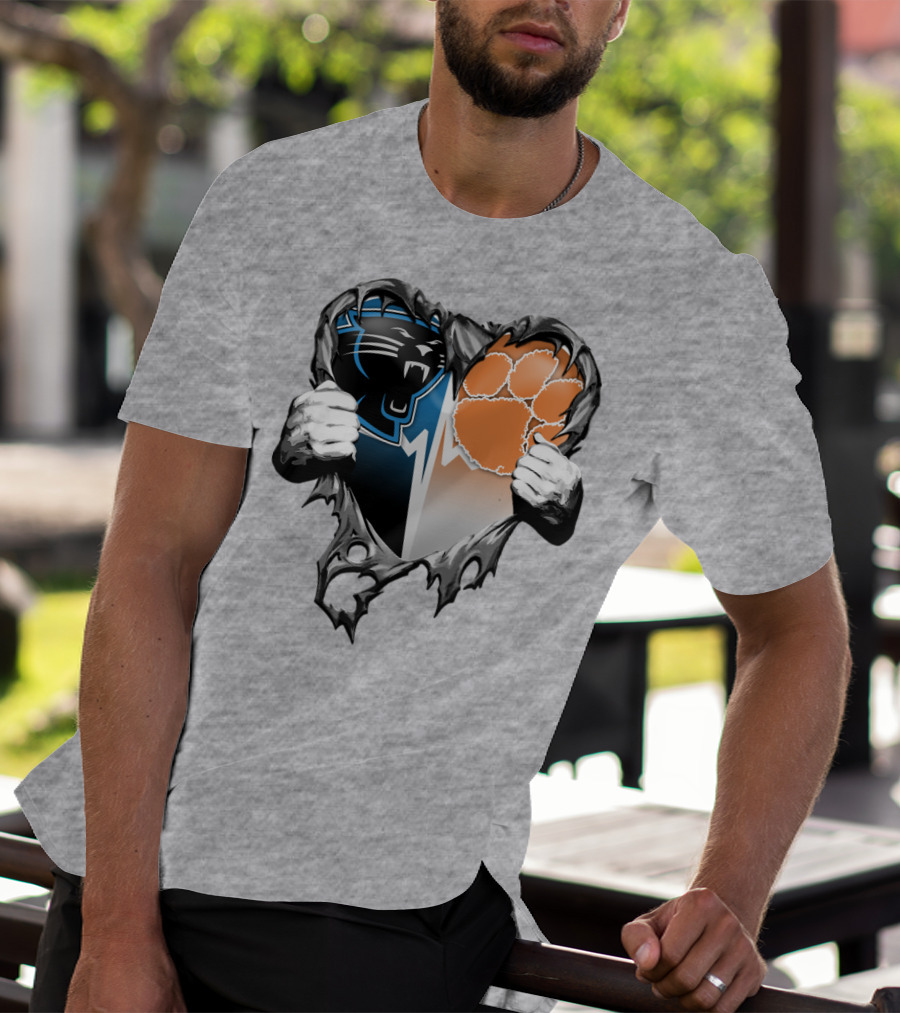 Carolina Panthers Clemson Tigers Heart Ripped T-Shirt
