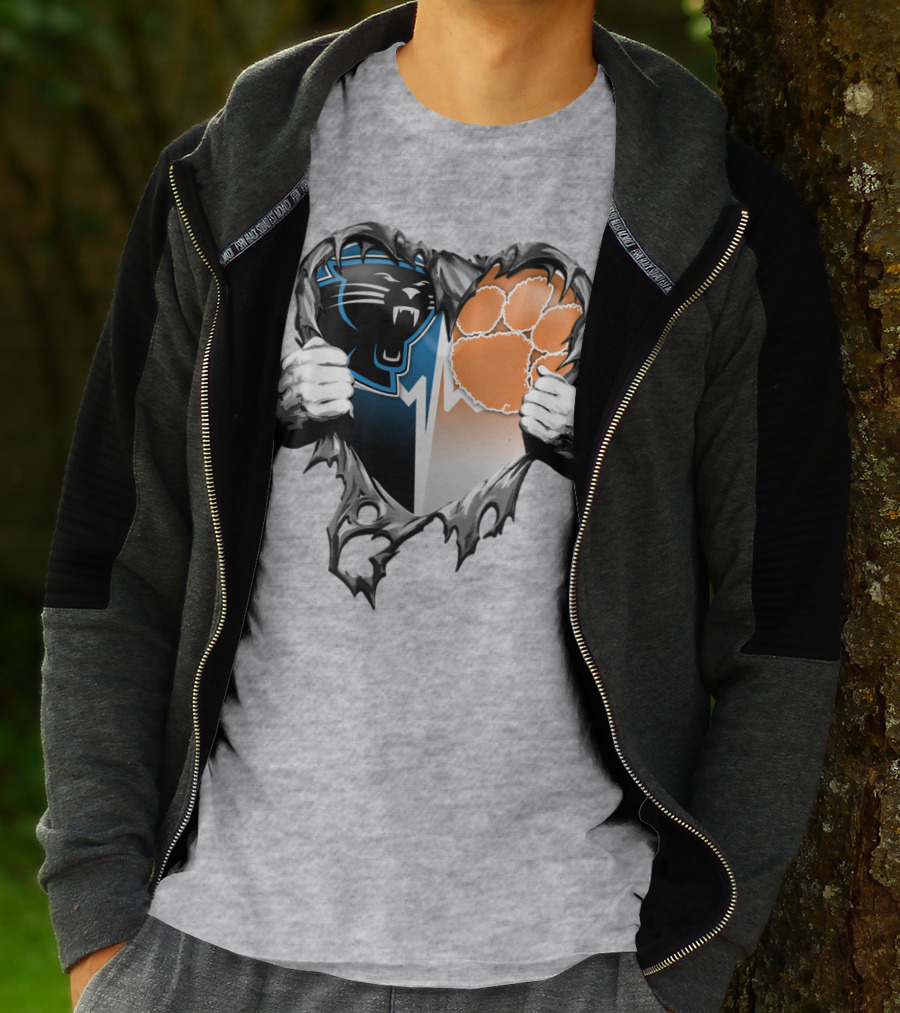 Carolina Panthers Clemson Tigers Heart Ripped T-Shirt