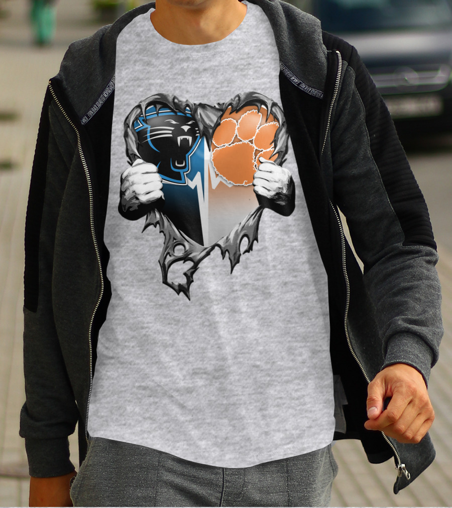 Carolina Panthers Clemson Tigers Heart Ripped T-Shirt