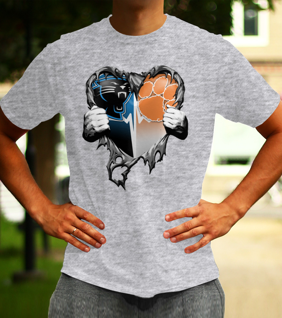 Carolina Panthers Clemson Tigers Heart Ripped T-Shirt