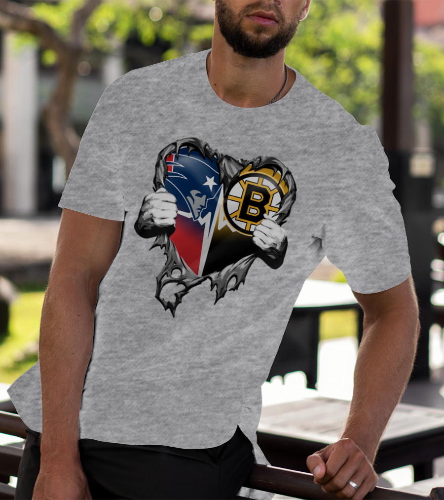 Patriots Bruins Torn Heart Logo Fusion T-Shirt