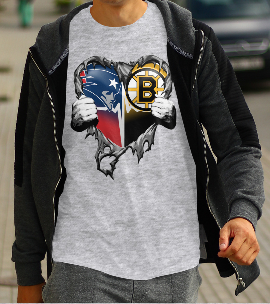 Patriots Bruins Torn Heart Logo Fusion T-Shirt