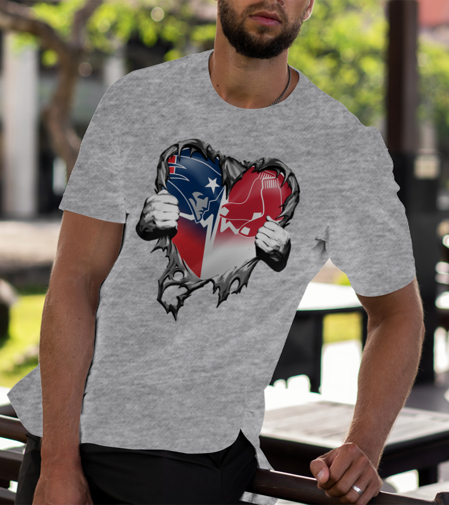 Patriots And Red Sox Heart Design With Torn Metal Effect T-Shirt