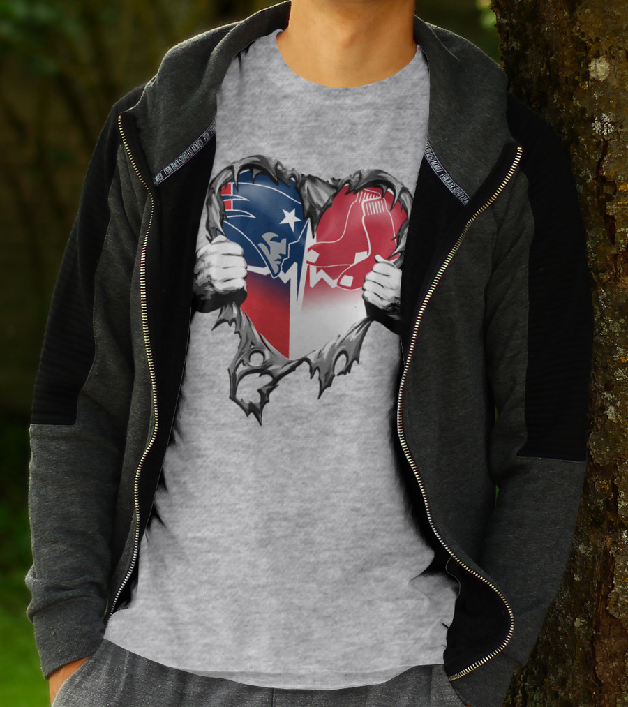 Patriots And Red Sox Heart Design With Torn Metal Effect T-Shirt