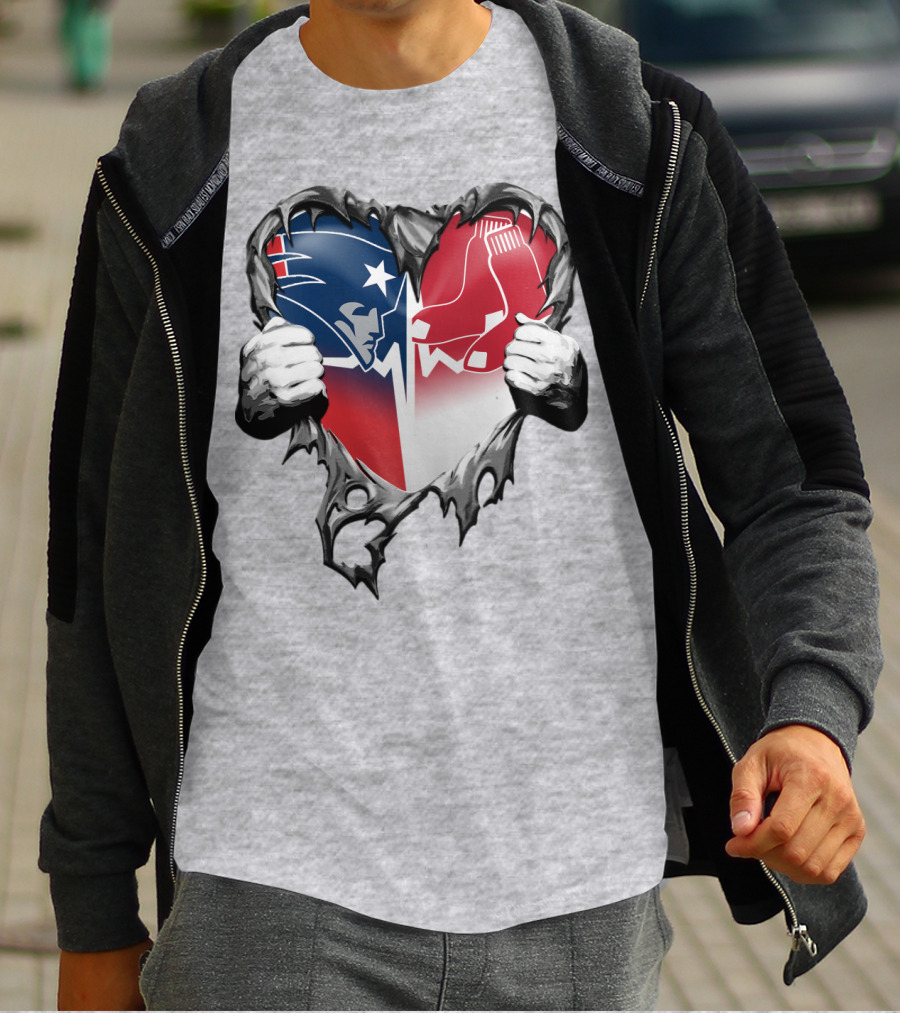 Patriots And Red Sox Heart Design With Torn Metal Effect T-Shirt