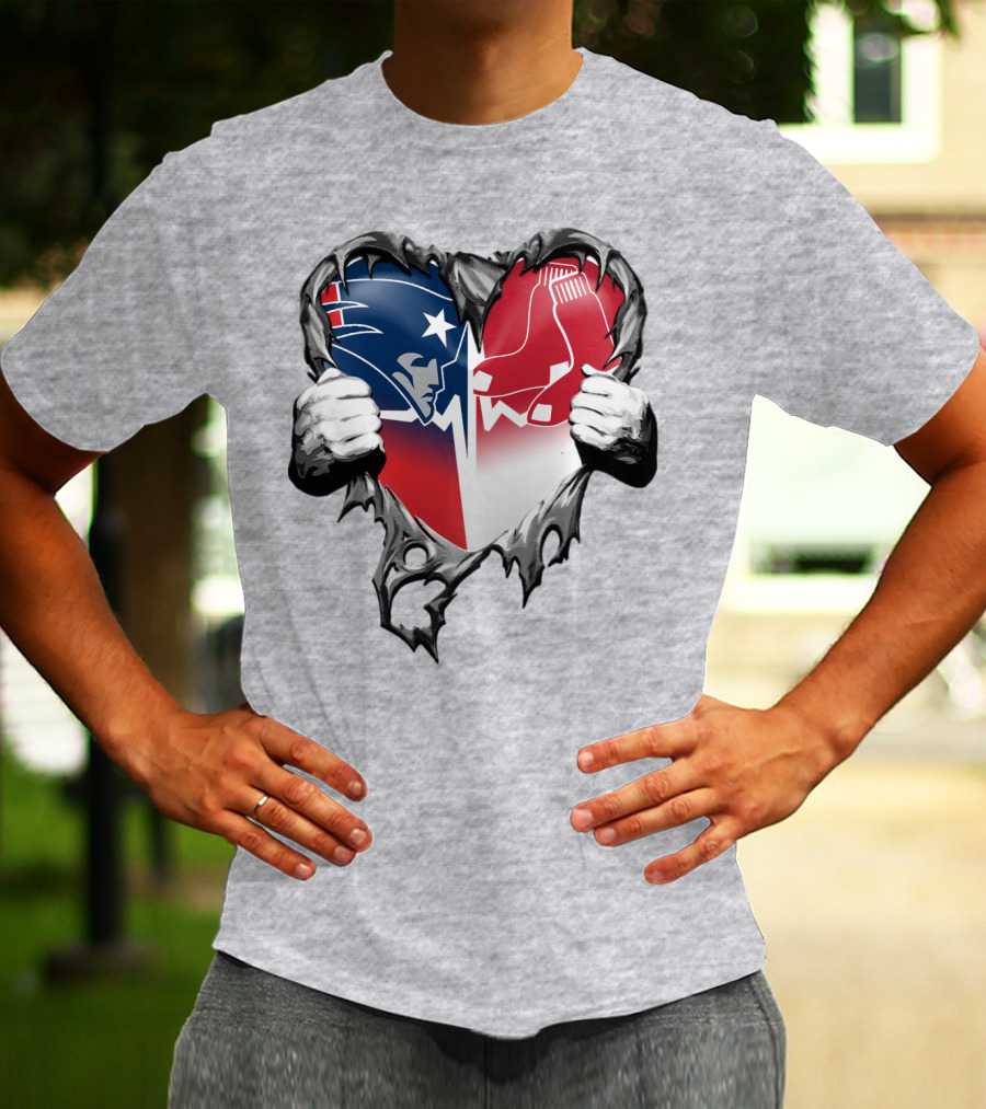 Patriots And Red Sox Heart Design With Torn Metal Effect T-Shirt