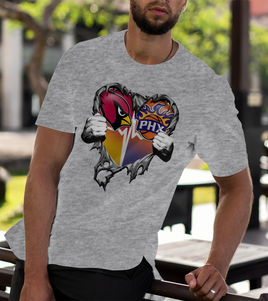 Arizona Cardinals And Phoenix Suns Heart Symbol With Torn Metal Effect T-Shirt