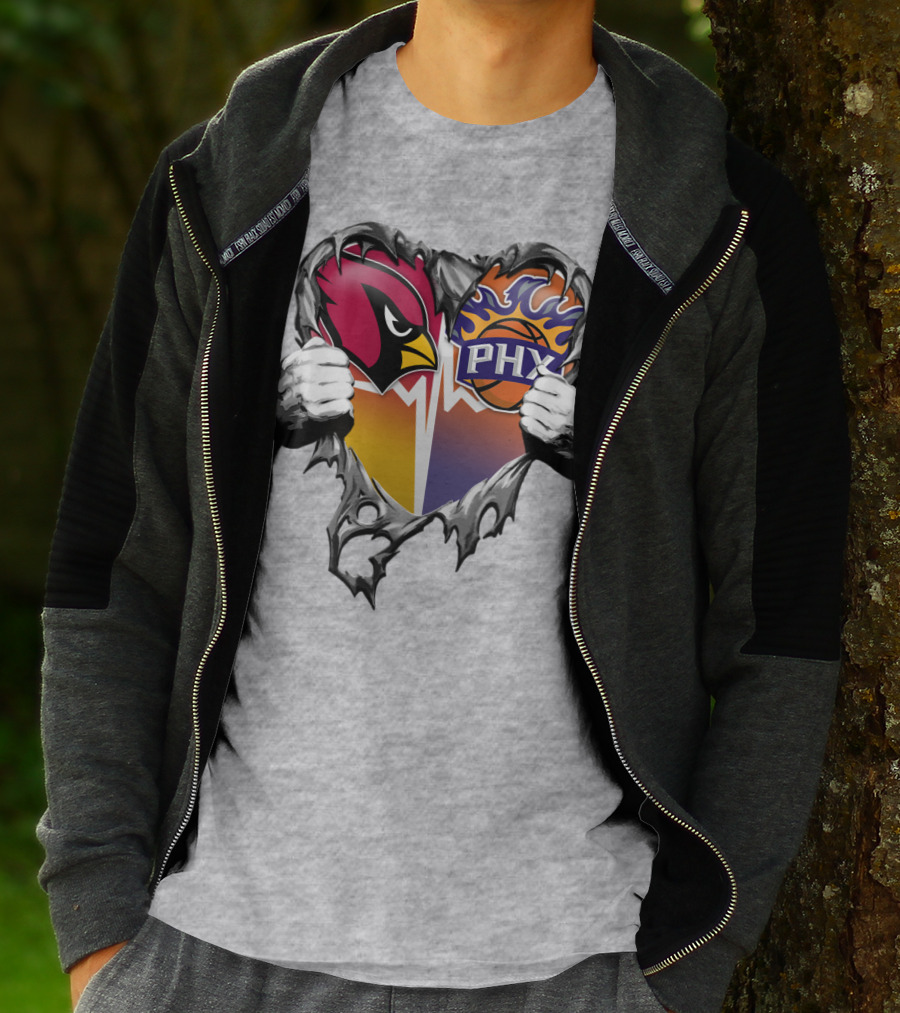 Arizona Cardinals And Phoenix Suns Heart Symbol With Torn Metal Effect T-Shirt