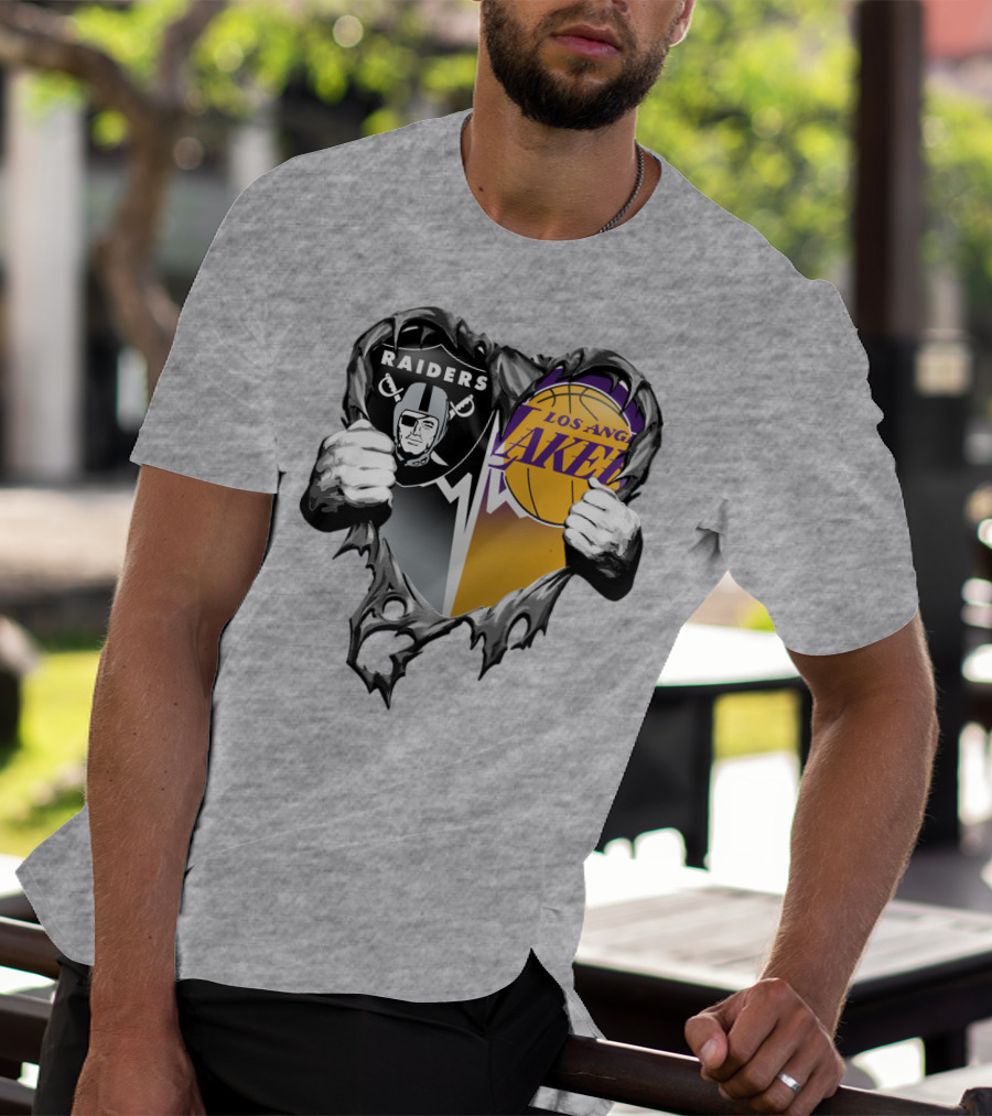 Raiders Los Angeles Lakers Heart Logo Tear T-Shirt