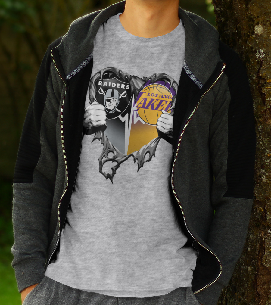 Raiders Los Angeles Lakers Heart Logo Tear T-Shirt