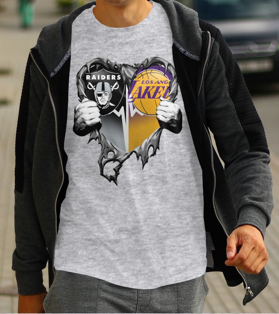 Raiders Los Angeles Lakers Heart Logo Tear T-Shirt