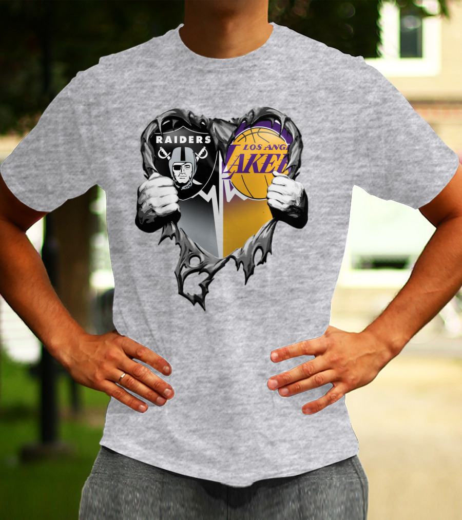 Raiders Los Angeles Lakers Heart Logo Tear T-Shirt