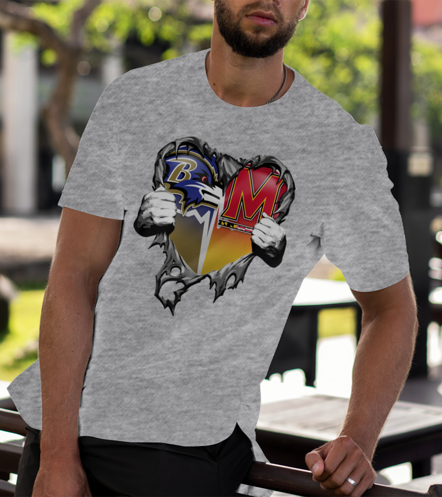 Baltimore Ravens Maryland Terrapins Heart Rip Football Fan T-Shirt
