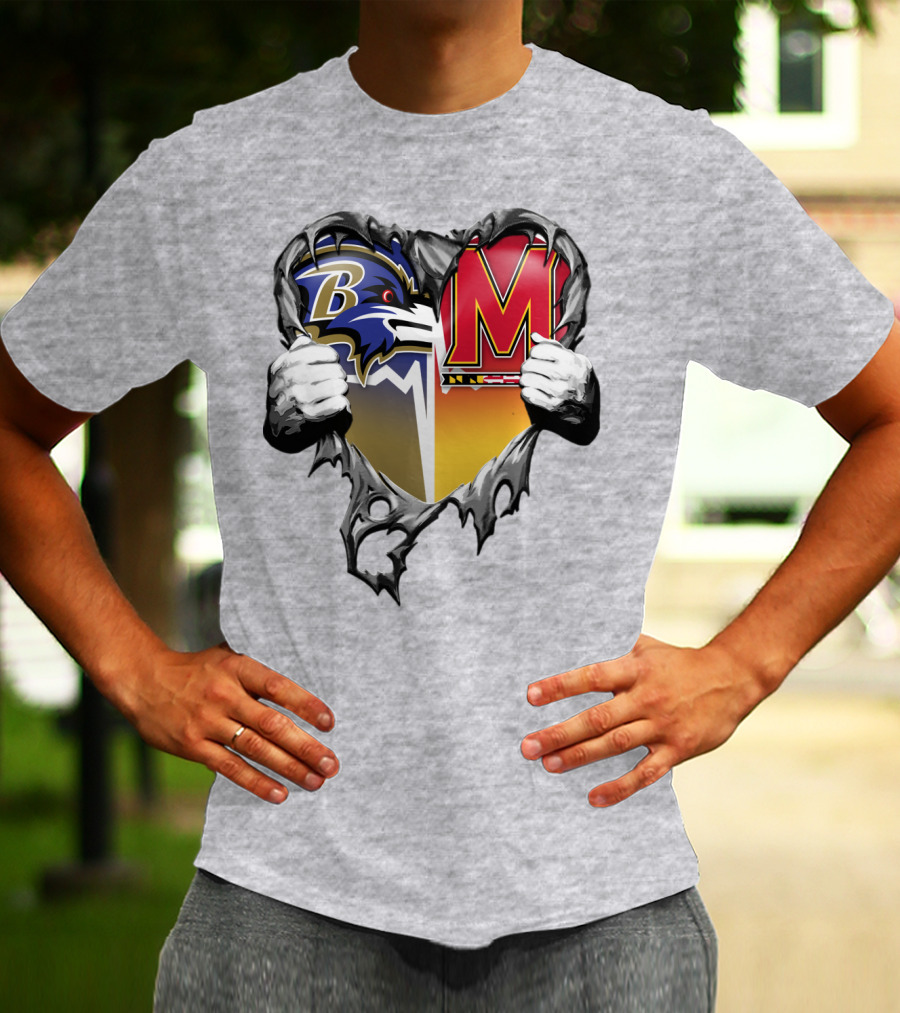 Baltimore Ravens Maryland Terrapins Heart Rip Football Fan T-Shirt