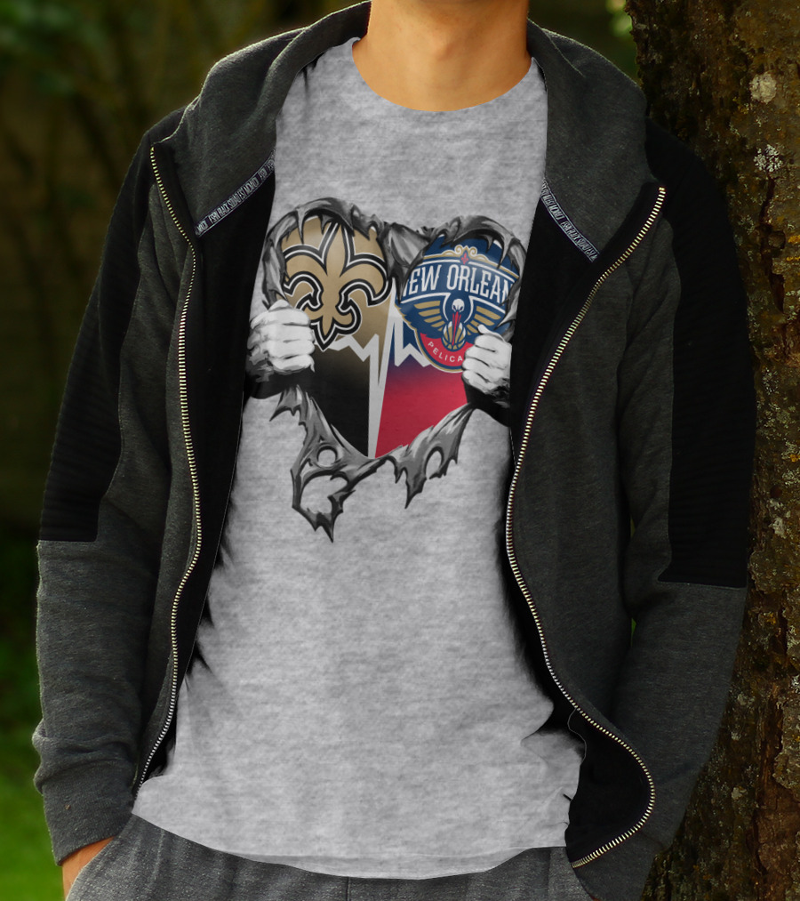New Orleans Saints Pelicans Heart Tear T-Shirt