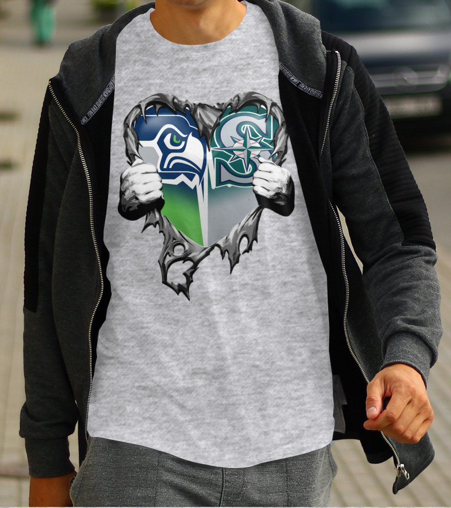 Seahawks Mariners Heart Hands Logo Fusion T-Shirt