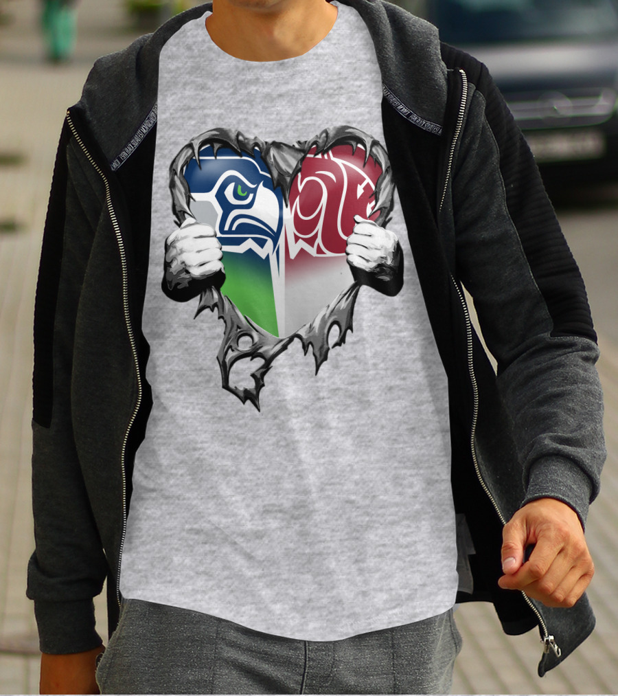 Seattle Seahawks And Washington State Cougars Split Heart T-Shirt