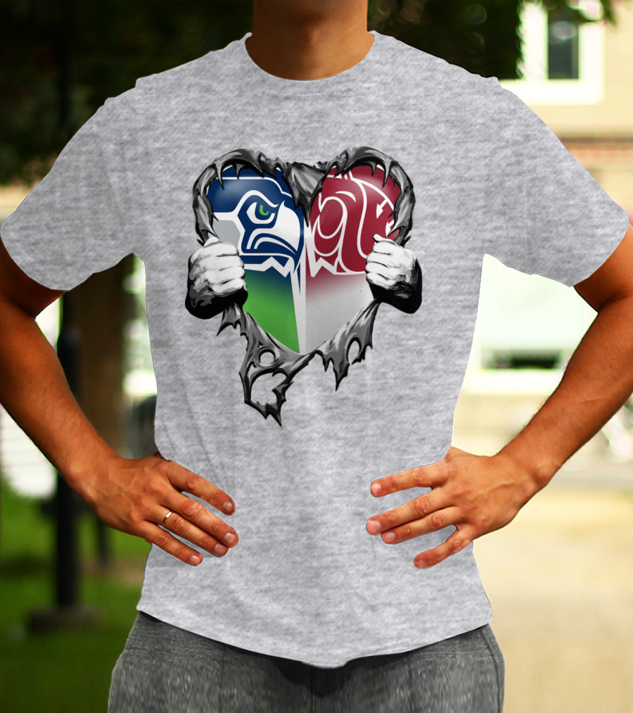 Seattle Seahawks And Washington State Cougars Split Heart T-Shirt