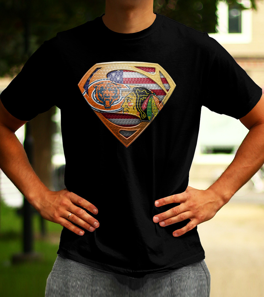 Chicago Bears Blackhawks Flag Superman T-Shirt