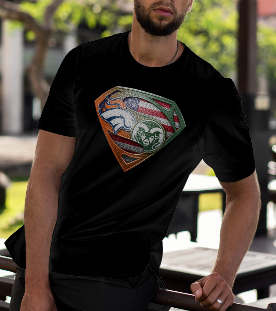 Denver Broncos And Colorado State Rams Superman Shield American Flag Montage T-Shirt