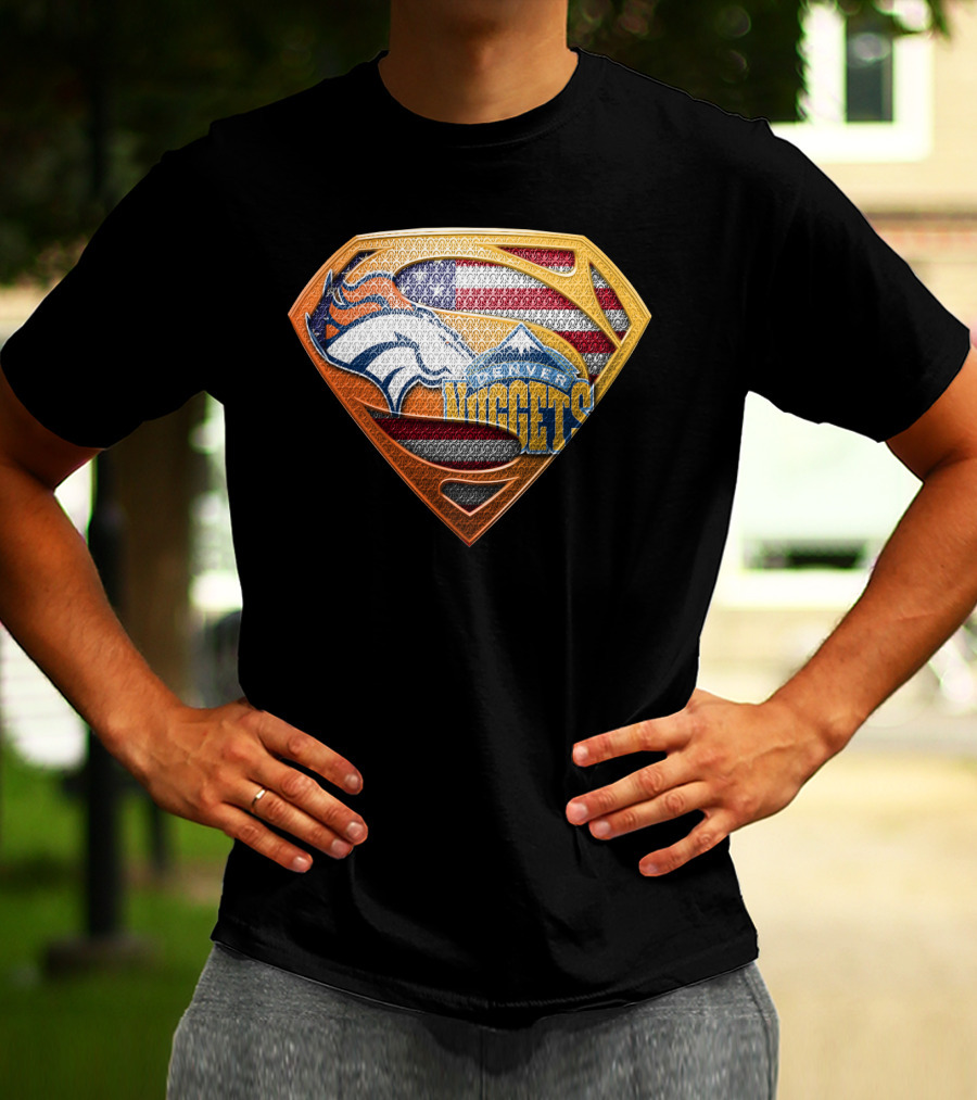 Denver Broncos Nuggets American Flag Superman Shield T-Shirt