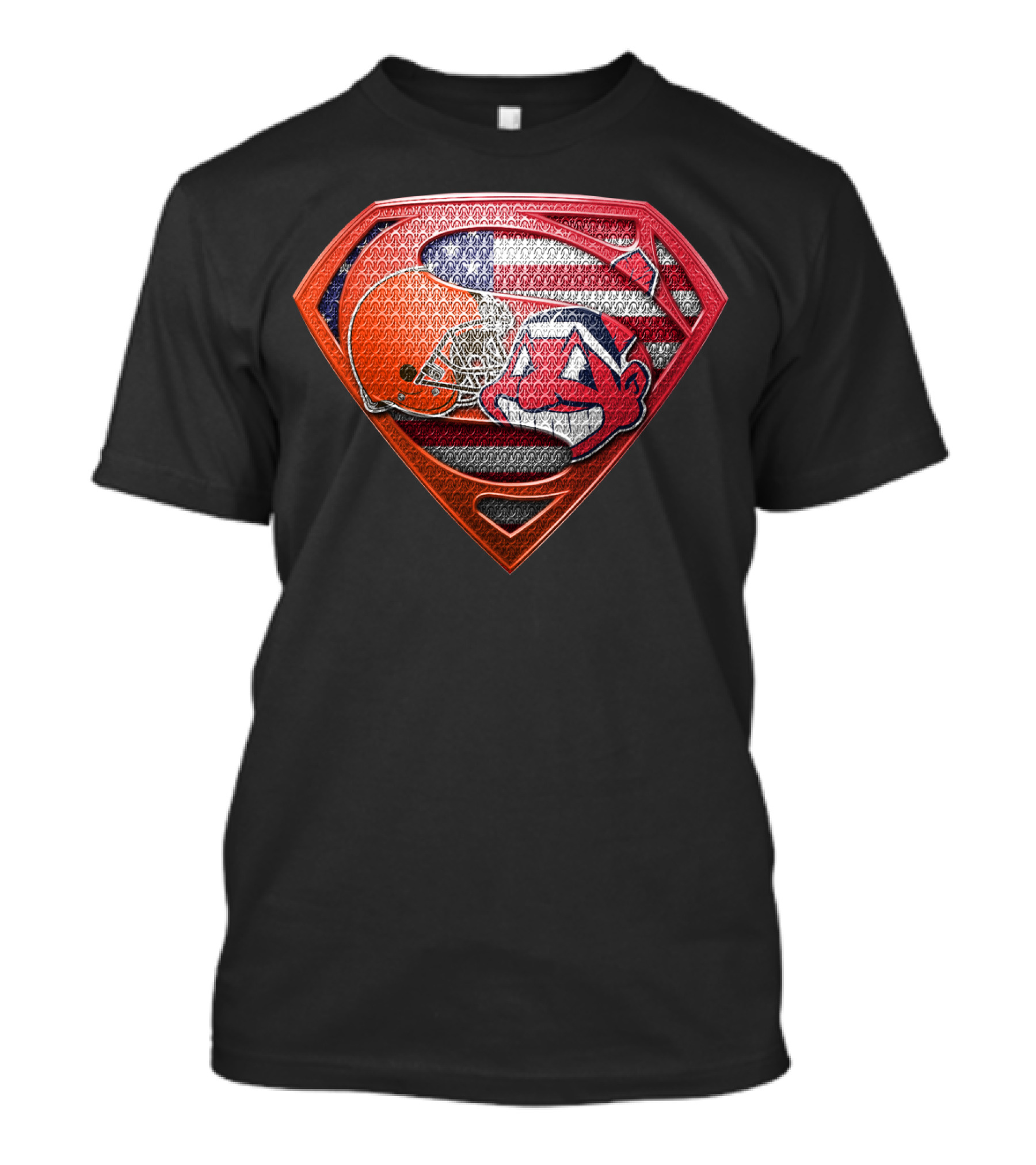 Cleveland Browns Superman Shield With Chief Wahoo And Usa Flag T-Shirt