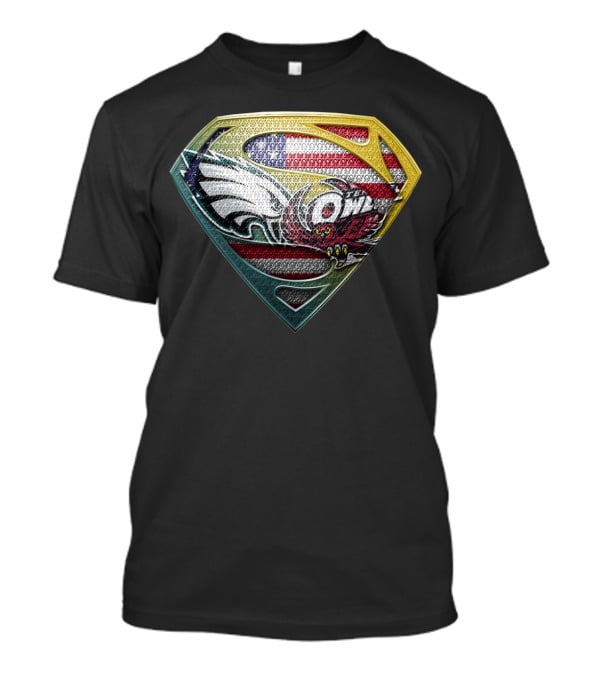 Philadelphia Eagles Temple Owls American Flag Superman Shield T-Shirt