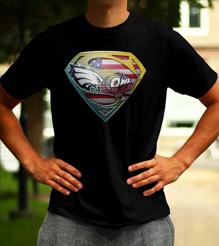 Philadelphia Eagles Temple Owls American Flag Superman Shield T-Shirt