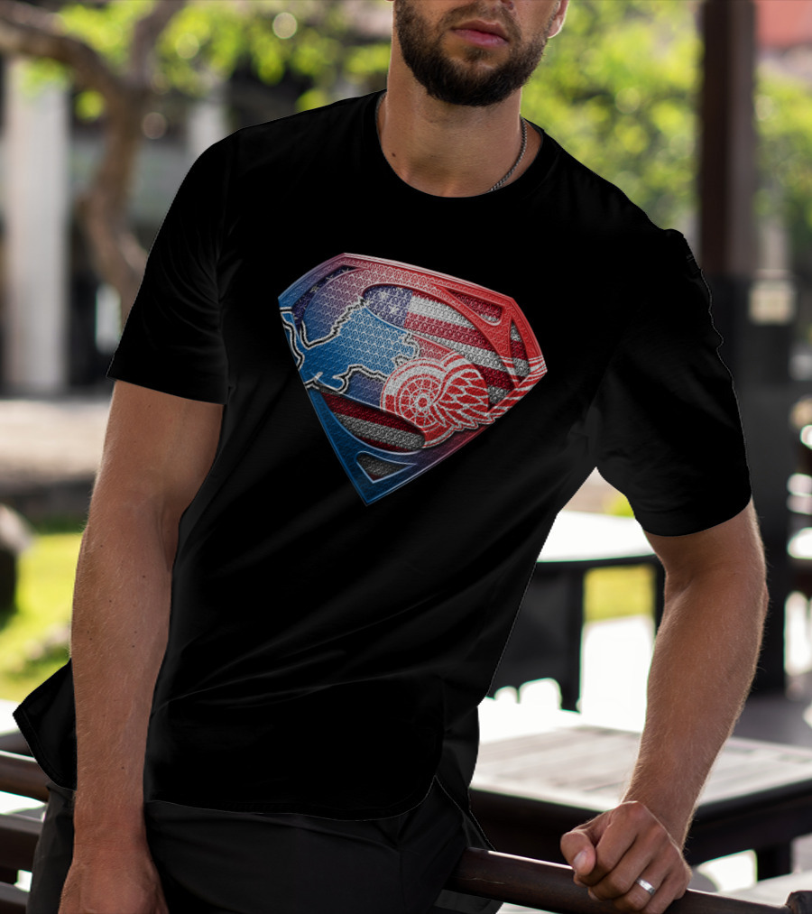 Superman Detroit Lions And Red Wings American Flag T-Shirt