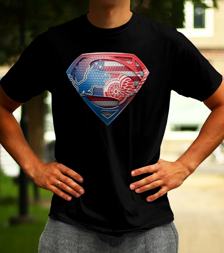 Superman Detroit Lions And Red Wings American Flag T-Shirt