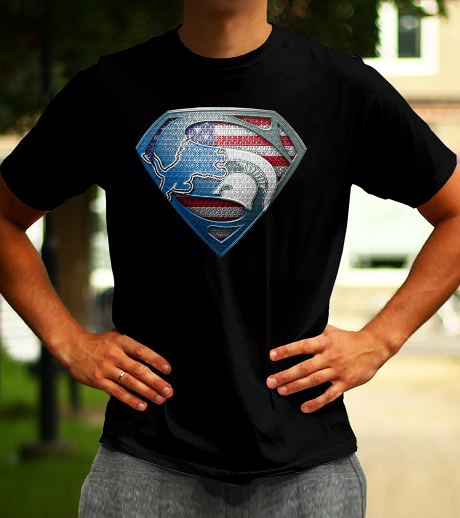 Detroit Lions And Michigan State Spartans American Flag Superman T-Shirt