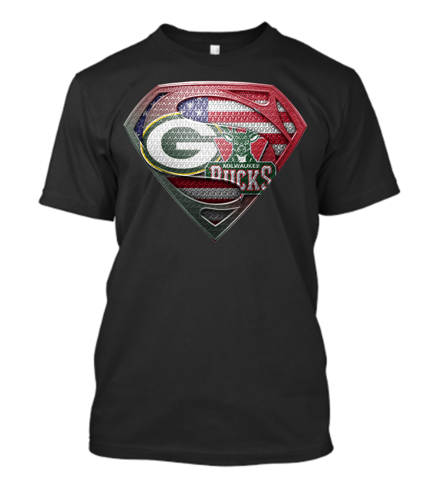 Green Bay Packers Milwaukee Bucks American Flag Superman Shield T-Shirt