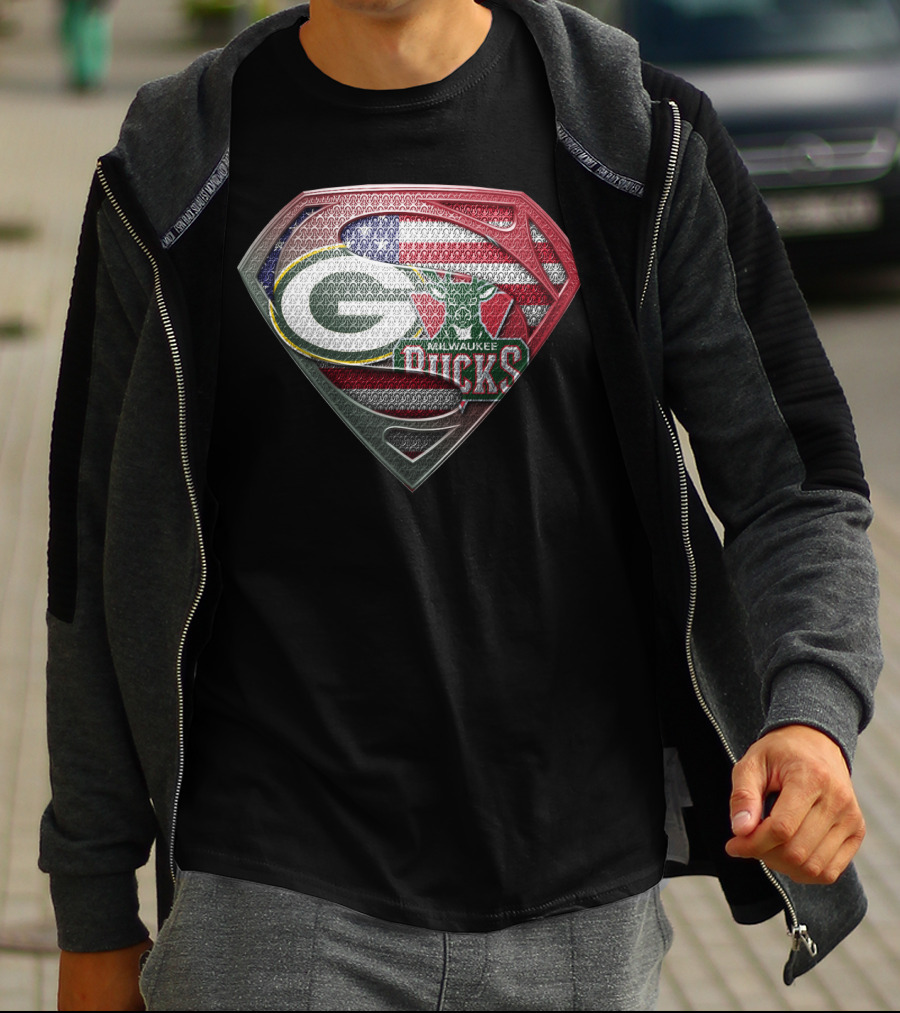 Green Bay Packers Milwaukee Bucks American Flag Superman Shield T-Shirt