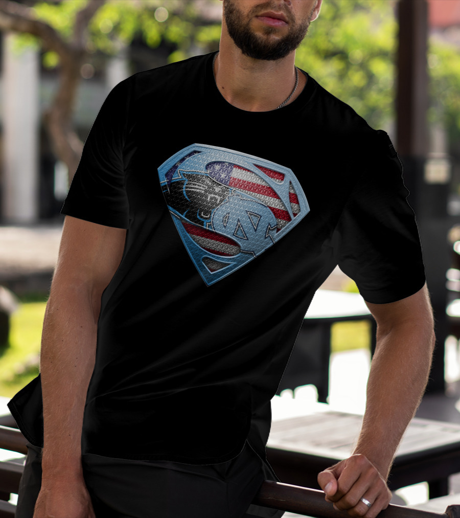 North Carolina Tar Heels And Carolina Panthers Superman Shield With American Flag T-Shirt