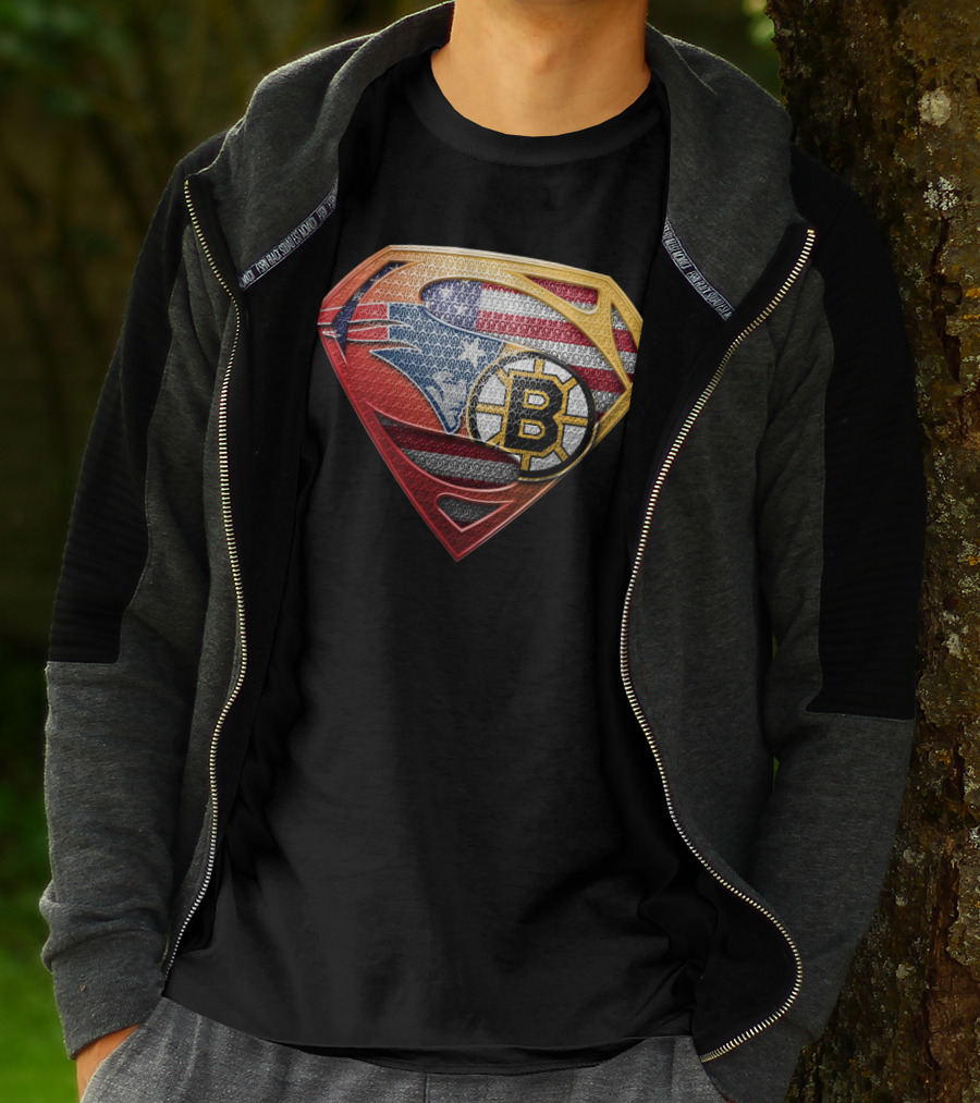 Superman Shield American Flag Boston Bruins New England Patriots T-Shirt