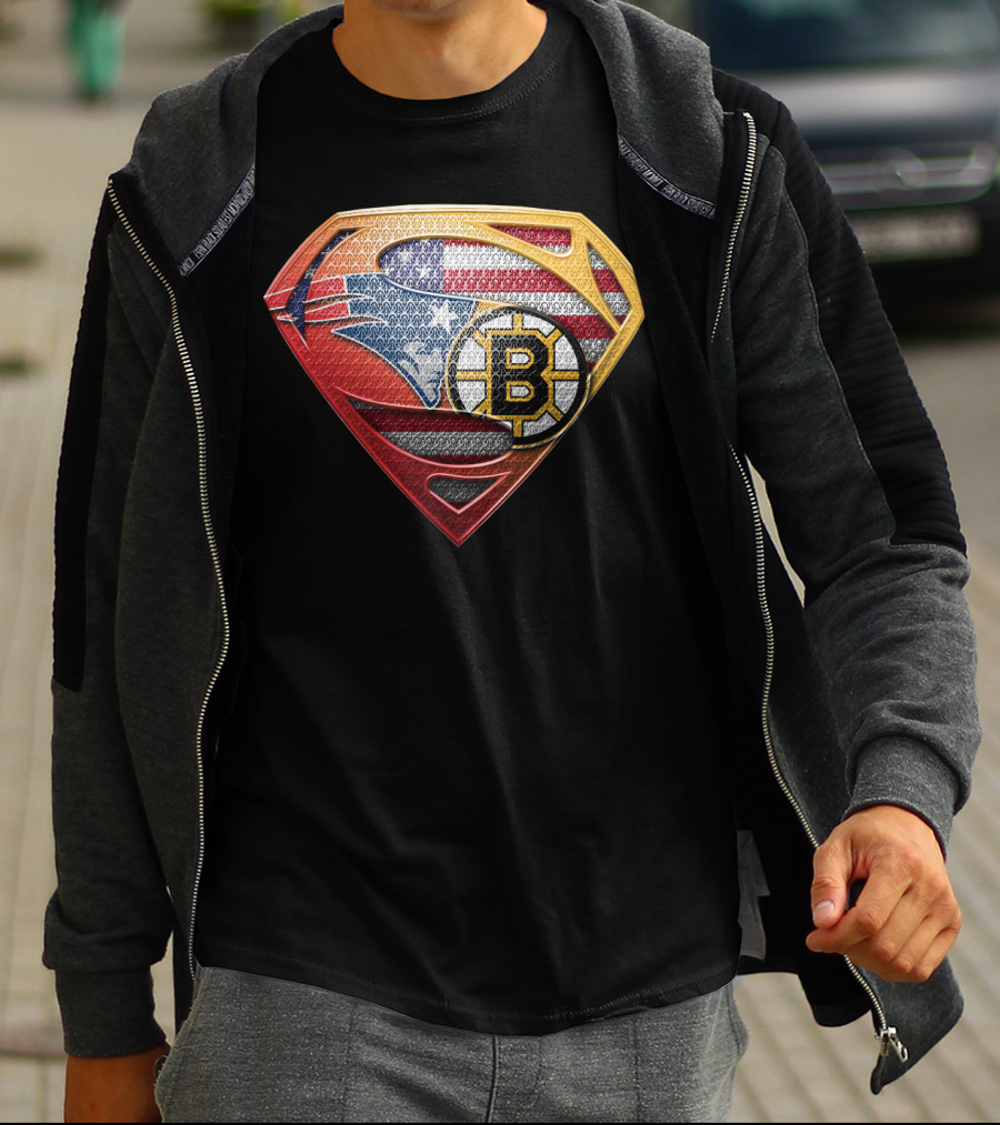 Superman Shield American Flag Boston Bruins New England Patriots T-Shirt