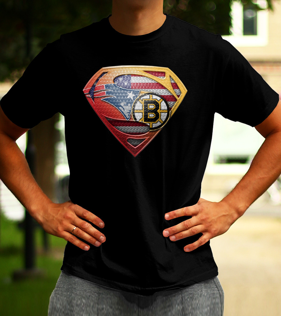 Superman Shield American Flag Boston Bruins New England Patriots T-Shirt