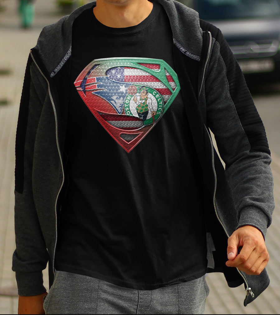Superman Shield With Boston Celtics Logo And American Flag T-Shirt