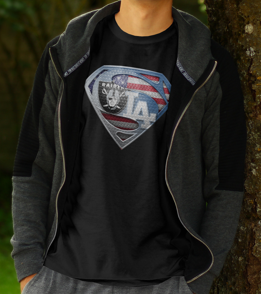 Raiders La Dodgers Superman Logo American Flag Football Baseball Fan T-Shirt