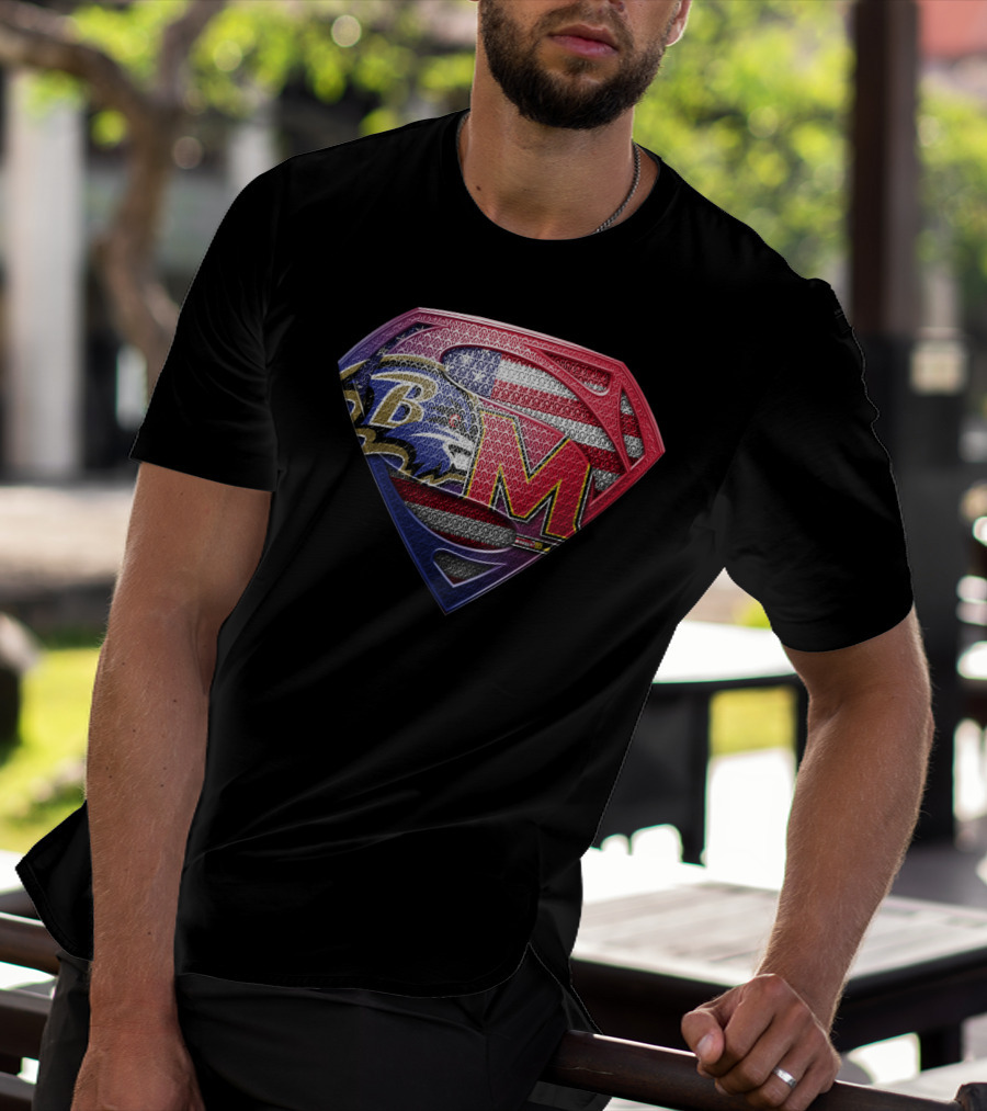 Baltimore Ravens Maryland Terrapins Superman Logo American Flag T-Shirt