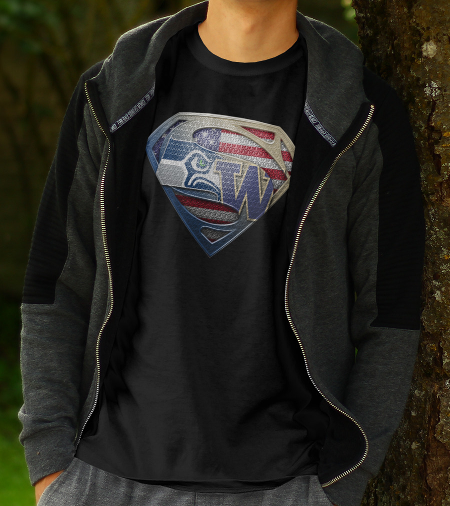Seattle Seahawks Superman Logo With American Flag And Washington Huskies W T-Shirt